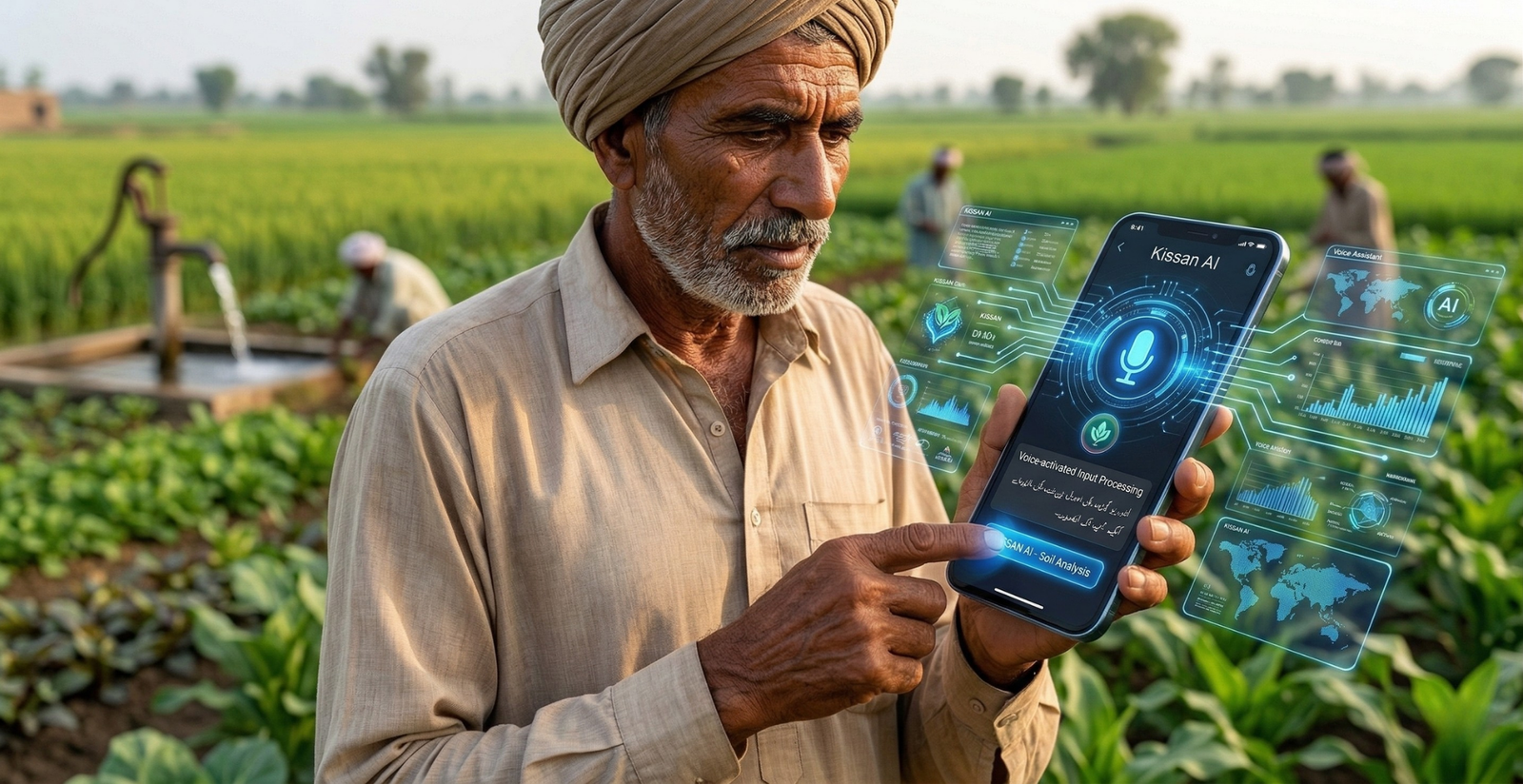 Pakistani farmer using Kissan AI in the field