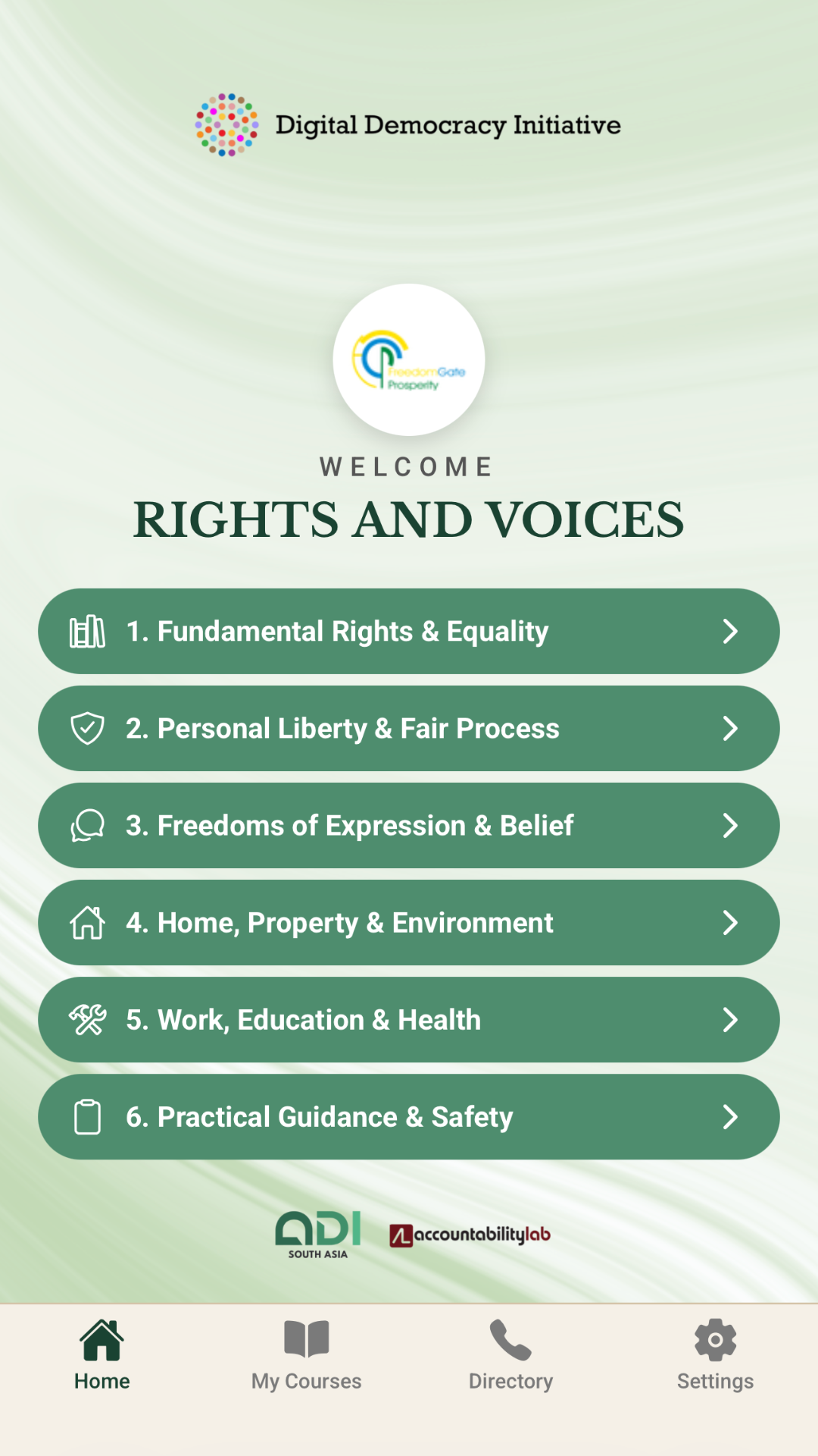 Rights and Voices App — Home Screen